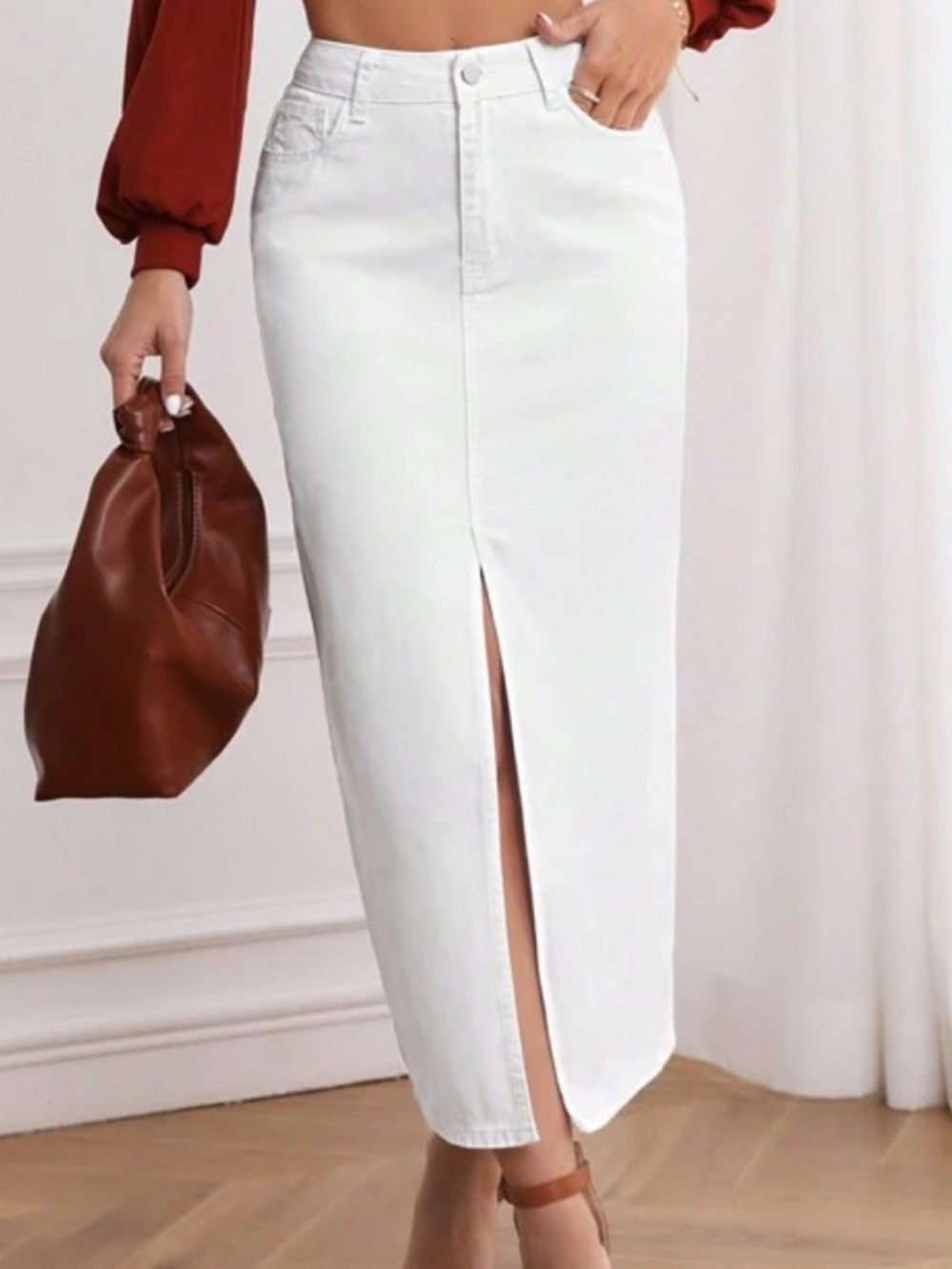 White Midi Pencil Skirt with Front Slit